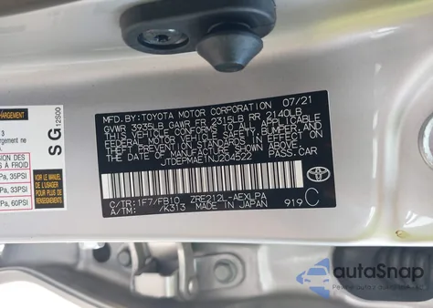 2022 Toyota Corolla Le из США, поврежденный, VIN JTDEPMAE1NJ204522